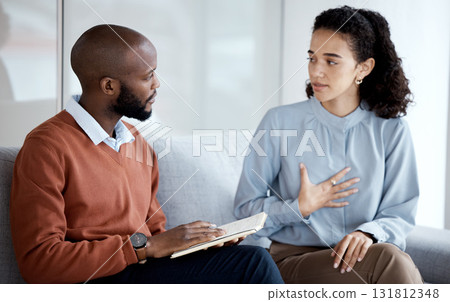 Mental health, therapy and counselling consultation with woman patient and psychologist. Person talking to man therapist writing notes about psychology, anxiety and depression or stress for help Mental health, therapy and counselling consultation with woman patient and psychologist. Person talking to man therapist writing notes about psychology, anxiety and depression or stress for help 131812348