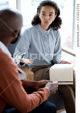 Psychology, therapy and black people, psychologist and client talking of mental health, stress or career problem. Counseling, therapist and professional USA woman consulting patient, help or advice 131812358