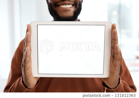 Tablet, mockup screen and black man smile for website branding, social media and mobile app on internet. Marketing, network and male with empty, blank and copy space of digital tech for advertising 131812363