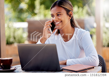 Study, phone call and laptop with Indian woman at cafe for remote learning, communication and online exam. Contact, technology and college with student at coffee shop for education, project or school Study, phone call and laptop with Indian woman at cafe for remote learning, communication and online exam. Contact, technology and college with student at coffee shop for education, project or school 131812394