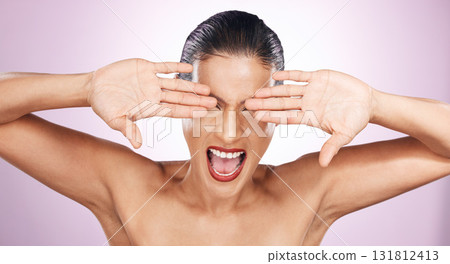 Beauty, makeup and eyes covered with woman in studio for excited, treatment and glow. Wow, cosmetics and skincare with female model on pink background for self care, surprise and announcement Beauty, makeup and eyes covered with woman in studio for excited, treatment and glow. Wow, cosmetics and skincare with female model on pink background for self care, surprise and announcement 131812413