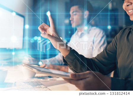 Woman, hands and tablet with hologram for digital marketing at night for technology innovation or transformation at office. Hand of female on touchscreen touching futuristic holographic 3D dashboard 131812414