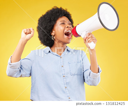 Megaphone announcement, shout or studio black woman protest for democracy vote, justice or human rights rally. Racism opinion, microphone speech or angry justice speaker isolated on yellow background Megaphone announcement, shout or studio black woman protest for democracy vote, justice or human rights rally. Racism opinion, microphone speech or angry justice speaker isolated on yellow background 131812425
