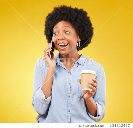 Phone call, happy and black woman with coffee in studio, smile and listening on yellow background. Smartphone, conversation and girl with tea surprised, joke and humor while enjoying speaking online Phone call, happy and black woman with coffee in studio, smile and listening on yellow background. Smartphone, conversation and girl with tea surprised, joke and humor while enjoying speaking online 131812427