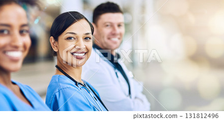 Doctor, team and portrait smile on mockup for healthcare, help advise or consultation at hospital. Happy medical professionals smiling in teamwork, collaboration or life insurance on bokeh background 131812496