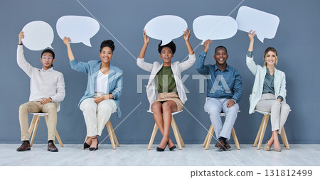 Speech bubble, mockup and feedback communication with business people for social media, vote and review. Mock up portrait, chat sign and group of employees with voice, ideas and opinion for hiring. Speech bubble, mockup and feedback communication with business people for social media, vote and review. Mock up portrait, chat sign and group of employees with voice, ideas and opinion for hiring. 131812499