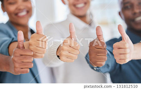 Thumbs up, thank you and winner with hands of business people for yes, approval and emoji. Diversity, community and support with employee and positive gesture for agreement, success and achievement 131812510