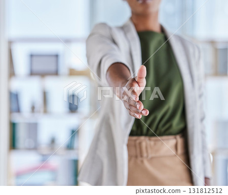 Business woman, welcome or handshake for collaboration deal, job interview success or teamwork support in office. Zoom, worker or shaking hands in greeting gesture for hello, thank you or partnership 131812512