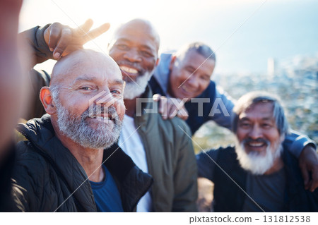 Senior hiking, selfie and nature exercise of elderly men together with peace sign. Friends, trekking adventure and happiness of old people outdoor for health, wellness and fitness on a journey Senior hiking, selfie and nature exercise of elderly men together with peace sign. Friends, trekking adventure and happiness of old people outdoor for health, wellness and fitness on a journey 131812538