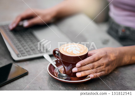 Coffee cup, hands on laptop for remote work, career research ideas and inspiration with customer experience, Internet cafe, shop review and writer person on computer for blog post and latte drink 131812541