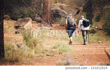 Hiking, forest and people on adventure in nature for fitness, exercise and trekking with backpack. Senior men as friends together outdoor for a hike for freedom, health and wellness in retirement 131812624