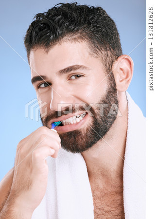 Brushing teeth, man and studio portrait of toothbrush for dental wellness, healthy lifestyle or mouth care. Happy face, male model and oral cleaning of fresh breath, smile and happiness on background Brushing teeth, man and studio portrait of toothbrush for dental wellness, healthy lifestyle or mouth care. Happy face, male model and oral cleaning of fresh breath, smile and happiness on background 131812628