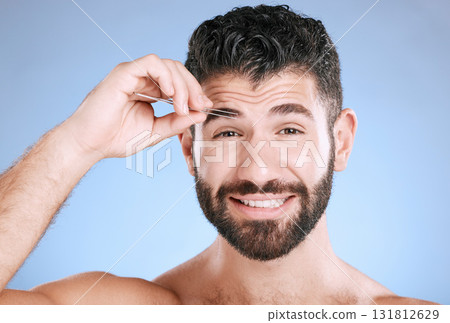 Eyebrow, beauty and hair removal with portrait of man and tweezers for grooming, skincare and maintenance. Hygiene, cosmetics and self care with face of model shaping facial growth for treatment 131812629