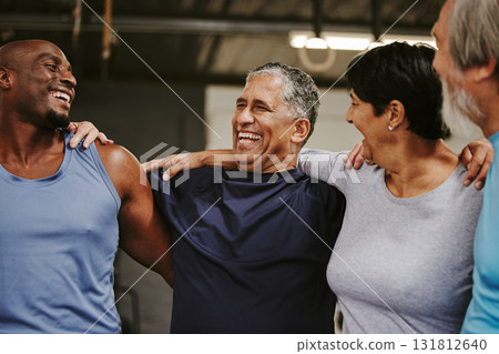 Senior people, fitness group and support for training, workout and exercise community or club in gym. Laugh, black people and elderly diversity friends with sports wellness hug together for teamwork Senior people, fitness group and support for training, workout and exercise community or club in gym. Laugh, black people and elderly diversity friends with sports wellness hug together for teamwork 131812640