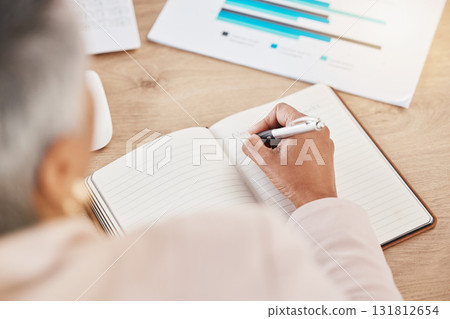 Senior woman writing notes, data and ideas for marketing campaign, copywriter with info for motivation. Inspiration, idea and thinking with article notes, copywriting with graph and notebook Senior woman writing notes, data and ideas for marketing campaign, copywriter with info for motivation. Inspiration, idea and thinking with article notes, copywriting with graph and notebook 131812654