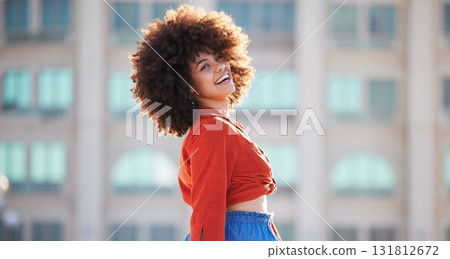 Fashion, happy and smile with black woman in city for freedom, youth and urban lifestyle. Relax, motivation and happiness with face of girl laughing in outdoor for peace, summer and wellness Fashion, happy and smile with black woman in city for freedom, youth and urban lifestyle. Relax, motivation and happiness with face of girl laughing in outdoor for peace, summer and wellness 131812672