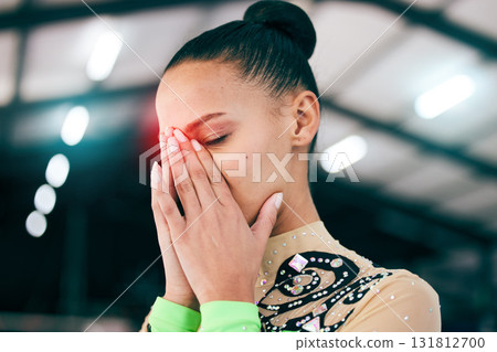 Woman, red or headache glow in fitness, workout or training for gymnastics and pain, burnout or anatomy crisis. Gymnast, hands or athlete stress injury with creative abstract, broken nose or accident 131812700