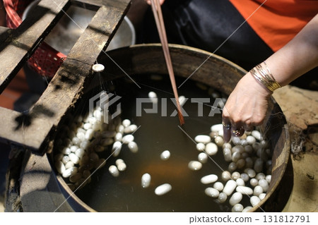Separate silk worm via spinning wheel, Thai wisdom. process highlights sustainable textile making, natural materials, and the dedication in rural workshops. 131812791