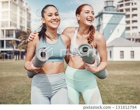 Yoga, fitness and laugh with woman friends in the park together for mental health exercise. Pilates, humor and training with a female yogi and friend outside on a grass field for a summer workout Yoga, fitness and laugh with woman friends in the park together for mental health exercise. Pilates, humor and training with a female yogi and friend outside on a grass field for a summer workout 131812794