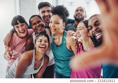 Fitness, gym and selfie of friends in yoga class excited for workout, exercise and training together. Sports club, diversity and portrait of happy people smile for wellness, health goals and pilates 131812811