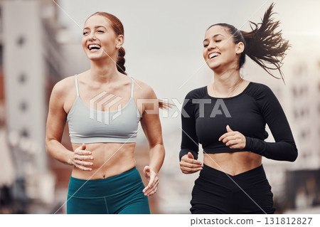 City fitness, friends and happy running for wellness, energy and outdoor exercise. Sports, healthy women and runner athletes training for cardio workout in urban street with freedom, power and smile 131812827