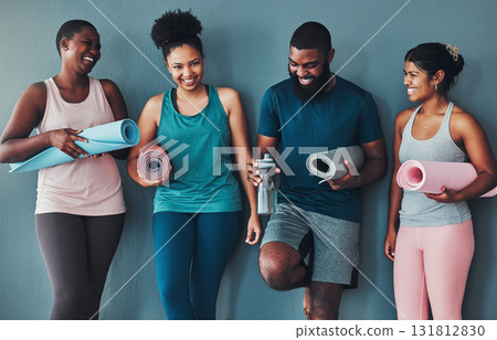 Fitness, laughing and friends at the gym for training, pilates class and happy for exercise at a club. Smile, sports and man with women in a group for a workout, cardio or yoga on a studio wall 131812830