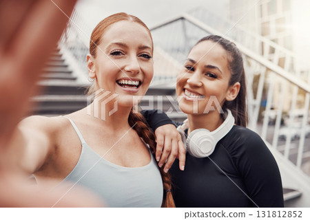Women, friends selfie and portrait for training, wellness or profile picture in city with support. Happy gen z woman, exercise partnership and outdoor photo for social network app with solidarity Women, friends selfie and portrait for training, wellness or profile picture in city with support. Happy gen z woman, exercise partnership and outdoor photo for social network app with solidarity 131812852