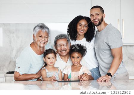 Big family, portrait and smile in a kitchen with grandparents, children and parents at home. Mom, kids and senior people together with happiness, love and parent care in a house feeling happy Big family, portrait and smile in a kitchen with grandparents, children and parents at home. Mom, kids and senior people together with happiness, love and parent care in a house feeling happy 131812862