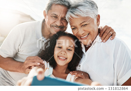 Grandparents, kid and bonding selfie in garden, nature park or backyard in family support, social media or profile picture. Smile, happy and child and retirement elderly, man or woman in photography Grandparents, kid and bonding selfie in garden, nature park or backyard in family support, social media or profile picture. Smile, happy and child and retirement elderly, man or woman in photography 131812864