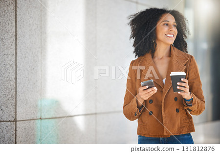 Black woman walking in city with coffee, phone and typing on social network, internet search and mockup. Happy female, urban street and mobile technology on smartphone, connection and 5g notification Black woman walking in city with coffee, phone and typing on social network, internet search and mockup. Happy female, urban street and mobile technology on smartphone, connection and 5g notification 131812876