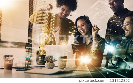 Success, overlay and business people in celebration on laptop for winning, bonus and sales target. Collaboration, city double exposure and happy team winner with profit, b2b deal and networking goals Success, overlay and business people in celebration on laptop for winning, bonus and sales target. Collaboration, city double exposure and happy team winner with profit, b2b deal and networking goals 131812892