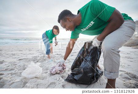 Friends, cleaning and recycling with people on beach for sustainability, environment and eco friendly. Climate change, earth day and nature with volunteer for community service, pollution and plastic 131812926