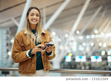Portrait, passport and woman with phone in airport for social media, internet browsing or texting. Travel, immigration and happy female from Canada with smartphone and ticket for global traveling. 131812984