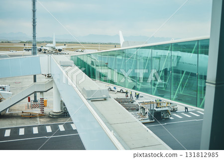 Airport, runway and platform of airplane trip, travel and transportation of airline gateway. Hangar, boarding tunnel and flight journey, commercial tourism and terminal cargo of global infrastructure 131812985