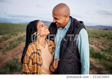 Agro farming, sustainability and black couple in field in countryside with smile and love in small business market. Agriculture, sustainable farm and happy farmer man and woman with growth and nature 131813003