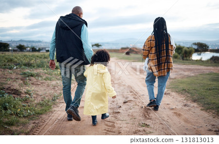 Agriculture, farm and walking family with girl for quality time, adventure and bonding in countryside. Sustainability, farming and back of mom, dad and child ready for harvest, growth and gardening Agriculture, farm and walking family with girl for quality time, adventure and bonding in countryside. Sustainability, farming and back of mom, dad and child ready for harvest, growth and gardening 131813013