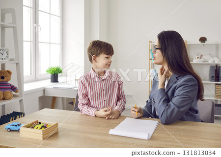Little boy learning how to correctly articulate sounds with woman speech therapist 131813034