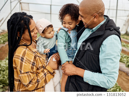 Farmer family on farm together, happy people with agriculture in countryside, mother and father with children outdoor. Happiness, sustainability and parents and kids farming in greenhouse with agro 131813052