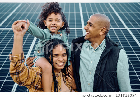 Black family, children or solar energy with a mother, father and daughter on a farm together for sustainability. Kids, love or electricity with a man, woman and girl bonding outdoor for agriculture 131813054