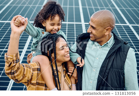 Black family, children or solar panel with a mother, father and daughter on a farm together for sustainability. Kids, love or electricity with man, woman and girl bonding outdoor for agriculture 131813056