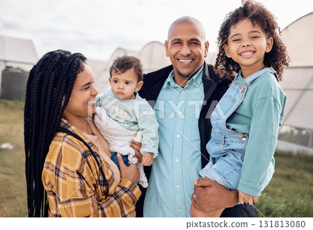 Mother, dad and children in portrait at farm, outdoor and happy for baby kid, growth and sustainable small business. Black family, kids and smile for farming sustainability with love by greenhouse 131813080