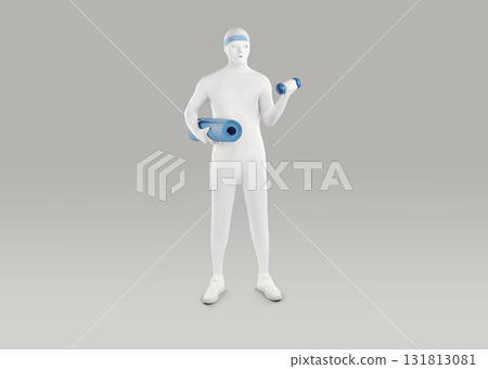 Man in a white bodysuit, mask and blue headband holding a blue workout mat and a dumbbell 131813081