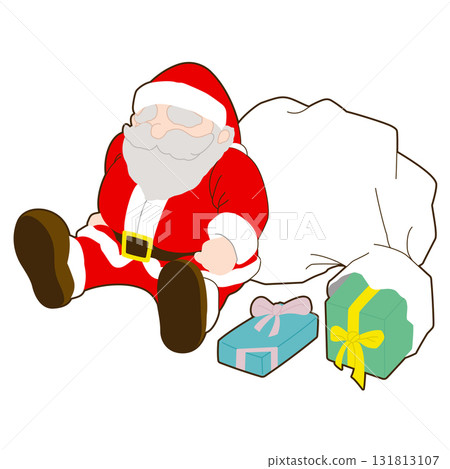 Character illustration of Santa Claus resting next to a bag of presents (Christmas, winter, December) 131813107
