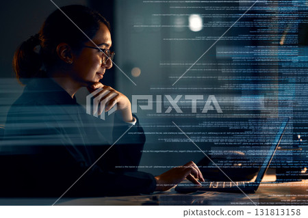 Programming, coding and thinking with woman at laptop with hologram overlay for software, idea and digital at night. Data analytics, technology and future with employee for media, database and matrix 131813158
