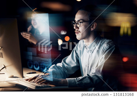 Programming, coding and website with man at computer for software, cyber and digital transformation at night. Data analytics, developer and future with employee for media, database and 3d matrix 131813168
