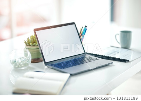 Online payment confirmation, laptop and empty office with ecommerce pay slip from web shopping. Digital, checkout notification and computer transaction sale on a website with isolated workspace Online payment confirmation, laptop and empty office with ecommerce pay slip from web shopping. Digital, checkout notification and computer transaction sale on a website with isolated workspace 131813189
