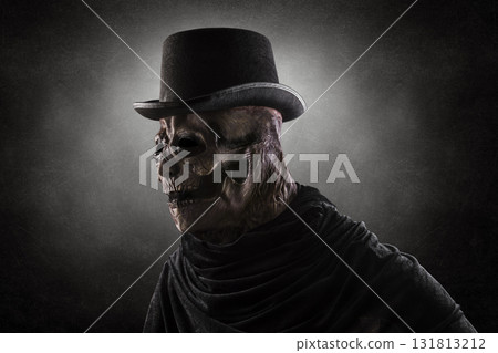 Creepy figure with black vintage top hat in the dark Creepy figure with black vintage top hat in the dark 131813212
