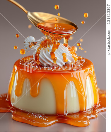 Close-up of pudding with melting caramel sauce | A luxurious image of a sweet and rich dessert Close-up of pudding with melting caramel sauce | A luxurious image of a sweet and rich dessert 131813397