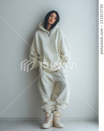 A woman relaxing in a natural-colored hoodie | A calm, everyday image surrounded by natural light 131813730