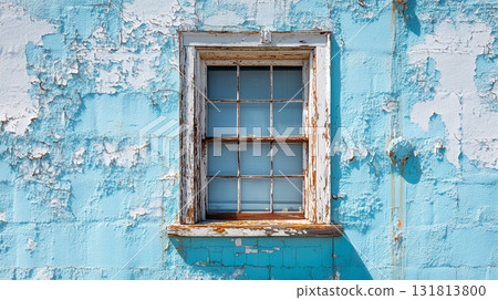 藍色的牆壁和古老的木框窗戶 | 具有雅緻復古感的建築背景細節 131813800